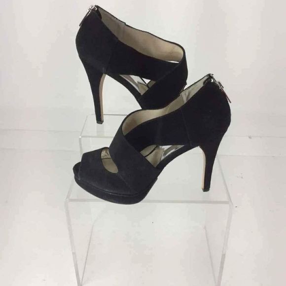 MICHAEL Kors Designer MK Black Suede Open Toe Pumps Stiletto Heels 8.5M - Picture 1 of 5